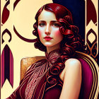 Red-haired woman in Art Deco style portrait with intricate patterns and elegant attire