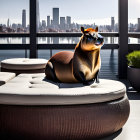 Capybara with sunglasses on rooftop sofa with city skyline.