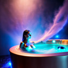 Woman in futuristic glowing bathtub under starry nebula with swirling vapors