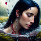 Woman submerged in water with red flowers and raindrops creating ripples.