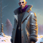 Bald man in silver coat and purple turtleneck in snowy forest.