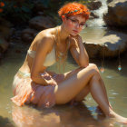 Red-haired woman in glasses by stream in serene setting wearing white & peach outfit with gold jewelry