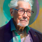 Elder person with white hair and blue blazer on gradient background