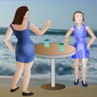 Stylized women in blue dresses at retro table with martini glass