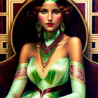 Art Deco-style illustration of woman with dark hair and green headband against geometric background