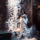 Woman in elegant gown with crown surrounded by candles and smoke in dimly lit room