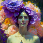 Serene woman in large colorful floral headdress and pendant