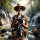 Smiling woman with hat and camera at sunlit waterfall