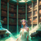 Mystical woman with floral crown in serene library setting