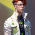 Red-haired person in crystal-adorned white jacket with green gemstone accessories