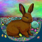 Chocolate bunny in colorful Easter egg nest on gradient background