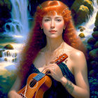 Red-haired woman with ukulele in black dress near sunlit waterfalls