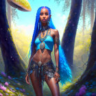 Vibrant blue-haired woman in mystical forest with glowing light