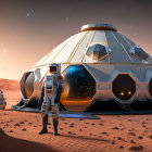 Astronauts near futuristic dome on Mars at sunset