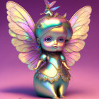 3D rendering of baby-like figure with fairy wings and golden details