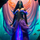 Woman in Purple Sea Creature Dress Surrounded by Underwater Coral and Fish