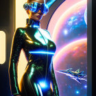 Futuristic woman in sleek spacesuit at spaceship window overlooking colorful planet