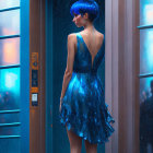 Blue-haired woman in starry dress at rainy door