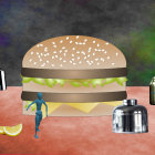 Flaming cheeseburger surrounded by fast food and ghostly figure