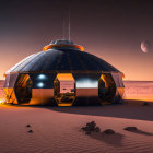 Futuristic dome structure in desert landscape under twilight moon