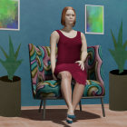 Woman in Burgundy Dress Sitting on Patterned Chair Against Teal Backdrop