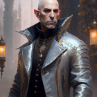 Bald elf in studded leather jacket in lantern-lit forest