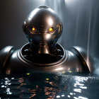 Futuristic robot emerges from water with illuminated eyes