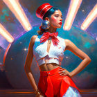 Stylish Woman in Retro-Futuristic Outfit with Neon-lit Circular Background