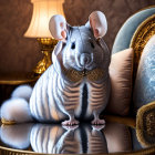 Digitally manipulated chinchilla as zebra with gold bowties on mirrored table