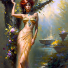 Red-haired woman in golden dress by blossoming tree in sunlit garden