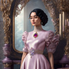 Sophisticated woman in pink dress with amethyst necklace before ornate mirror