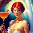 Red-haired woman with vintage makeup holding a cocktail glass in a painting