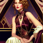 1920s style elegant woman illustration in maroon dress with gold trim and green pendant seated on luxurious