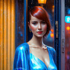 Auburn-Haired Woman in Blue Dress Under Lantern with Rain and City Lights