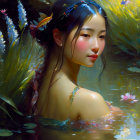 Dark-Haired Woman with Flowers in Water Surrounded by Greenery and Pink Blossoms