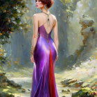 Woman in Purple and Red Gown in Serene Forest Glade