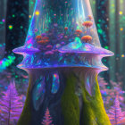 Glowing mushroom in mystical forest with vibrant flora