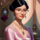 Stylish woman in pink dress and glasses in classical interior