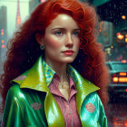 Red-haired woman in yellow raincoat against city lights background