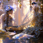 Ethereal figures in shimmering garments by water with fish, golden backdrop