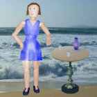 Woman in Blue Dress Stands by Blue and White Porcelain Shelf