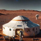 Astronauts on Martian landscape with domed habitat