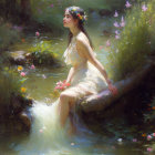 Woman in white dress with flower wreath sitting by stream in lush greenery