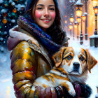 Woman with dog in winter attire under snowfall and street lamps