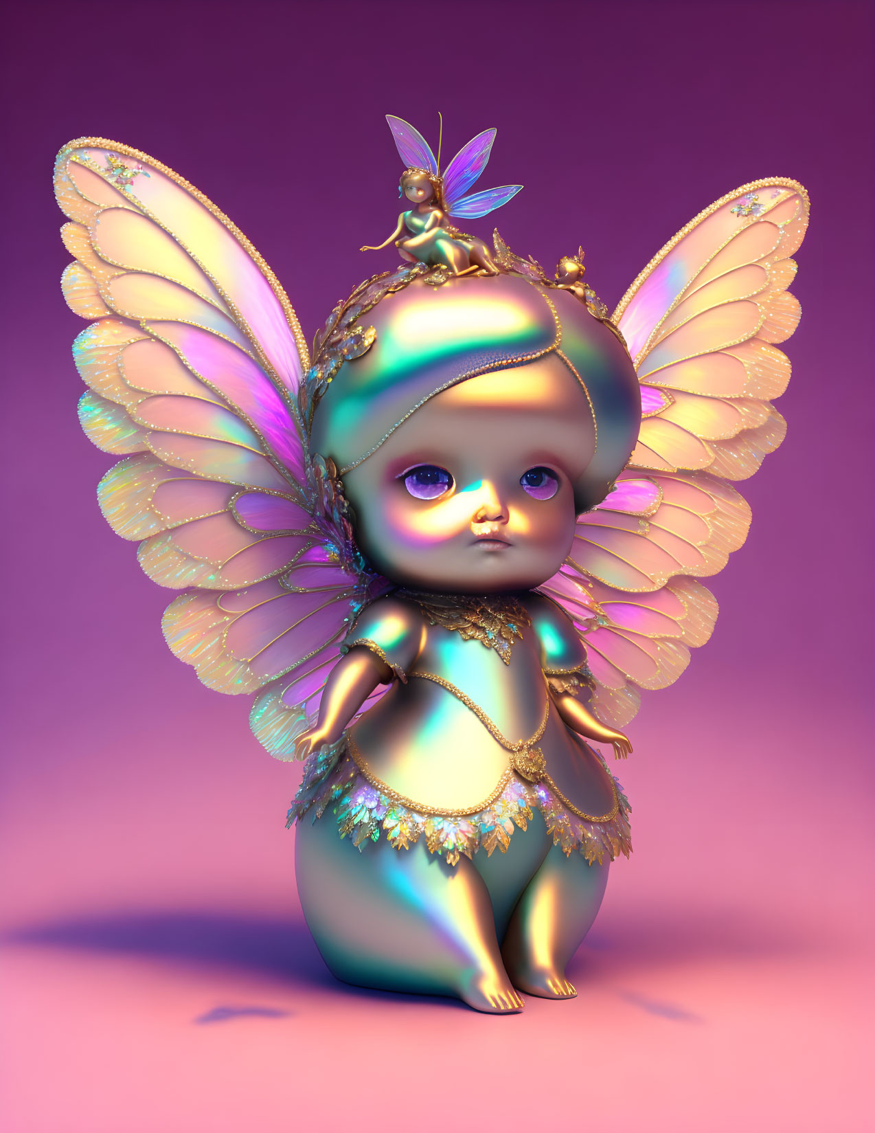 3D rendering of baby-like figure with fairy wings and golden details