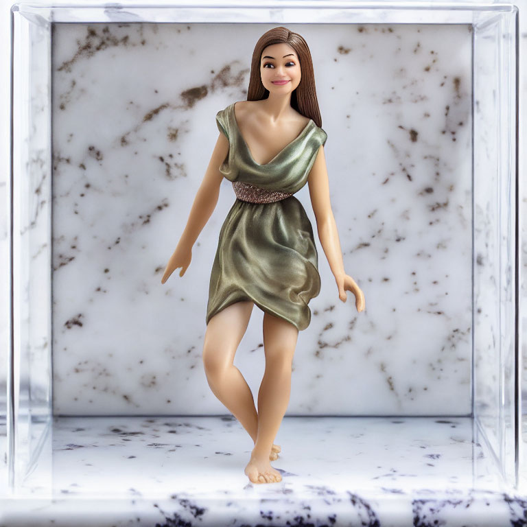 Long-haired doll in shimmering green dress displayed in clear box on marble backdrop