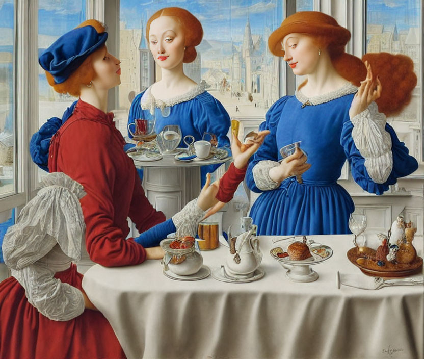 Three women in Renaissance attire having tea by window with cityscape view