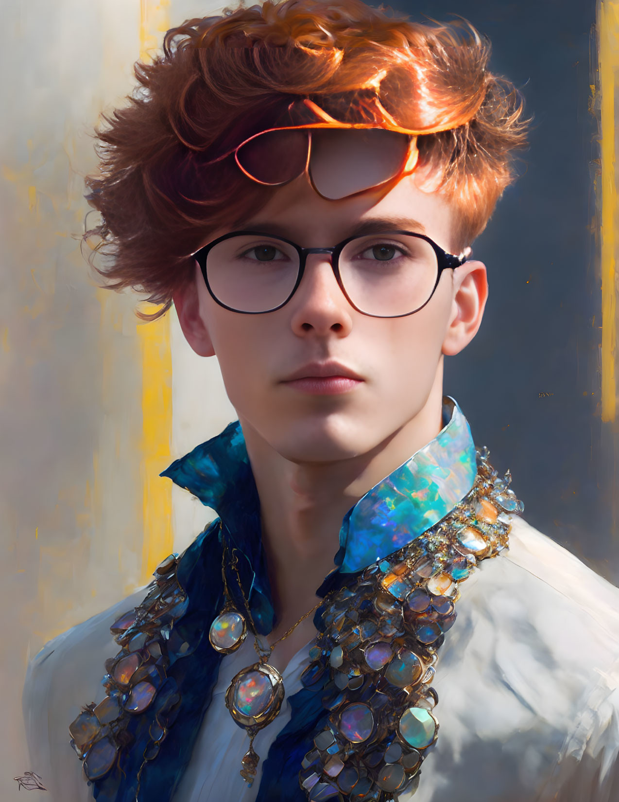 Young person with curly red hair wearing glasses and colorful accessories