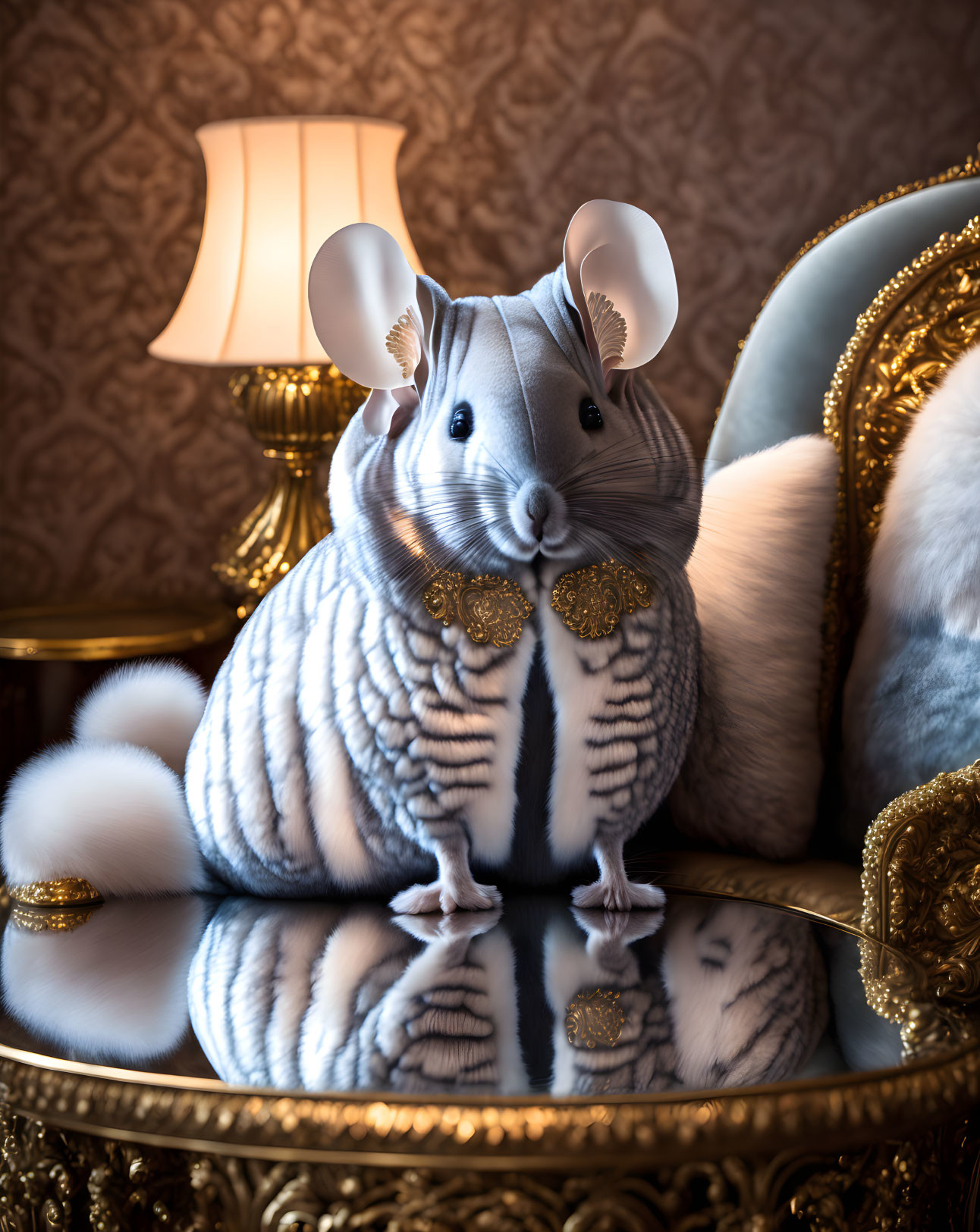 Digitally manipulated chinchilla as zebra with gold bowties on mirrored table