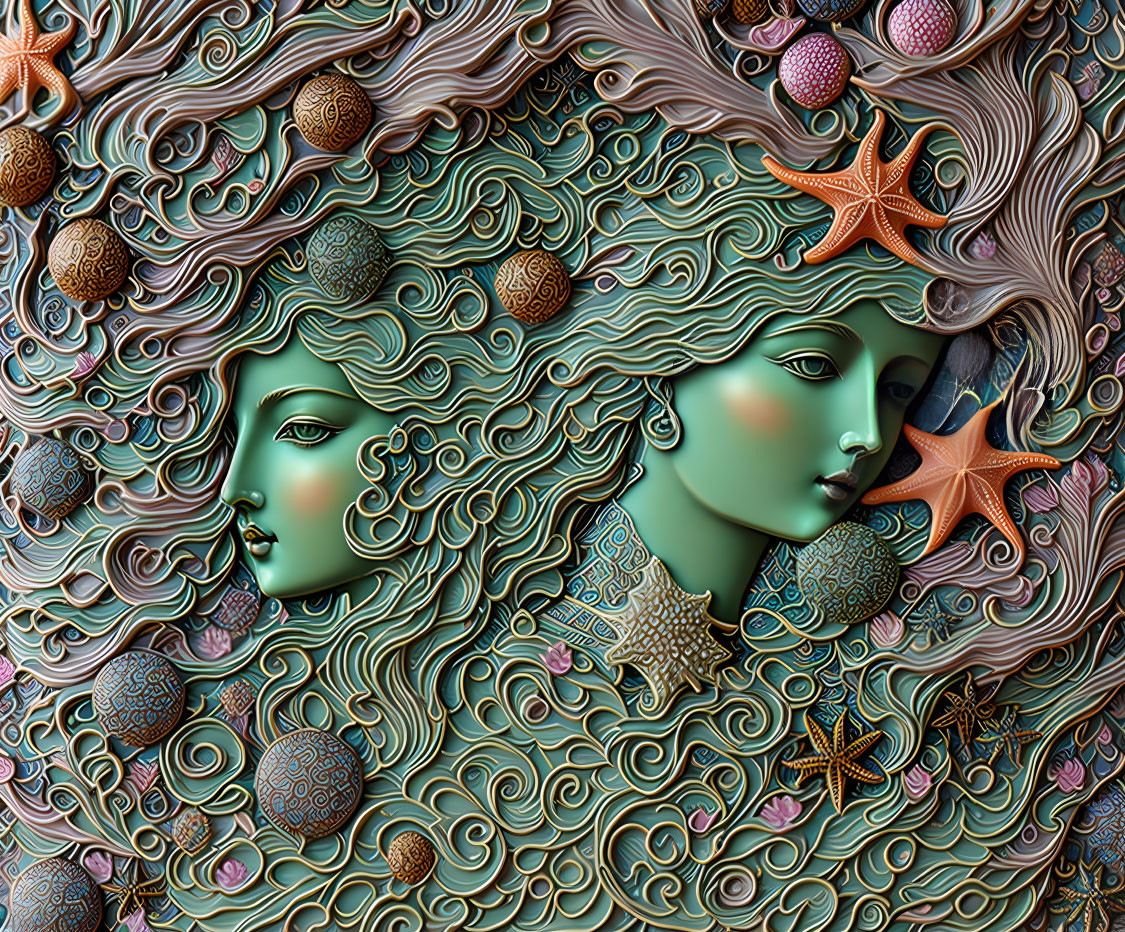 Intricately patterned faces blend in aquatic scene with starfish and shells